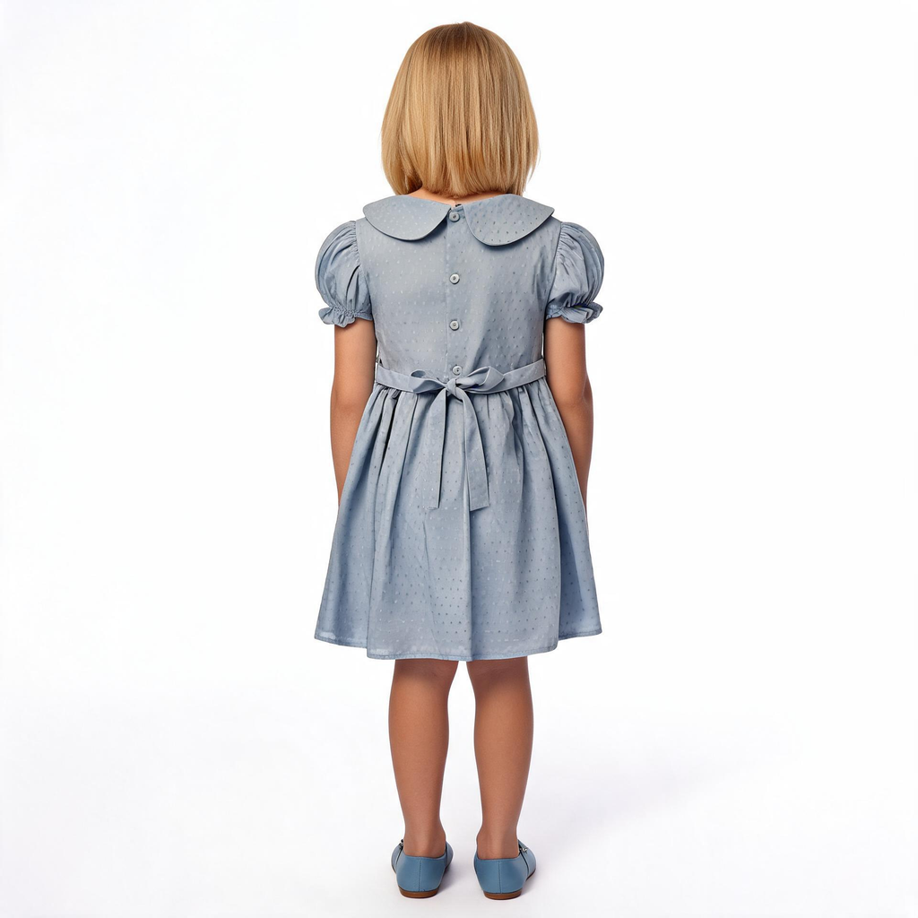 Back view of blue smocked dress. Suitable for birthdays, family gatherings, special occasions, or everyday.