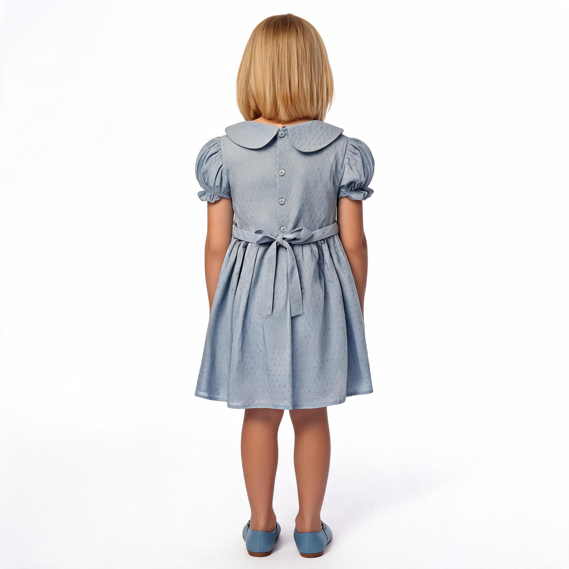 Back view of blue smocked dress. Suitable for birthdays, family gatherings, special occasions, or everyday.