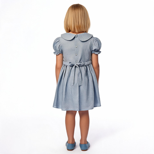 Back view of blue smocked dress. Suitable for birthdays, family gatherings, special occasions, or everyday.