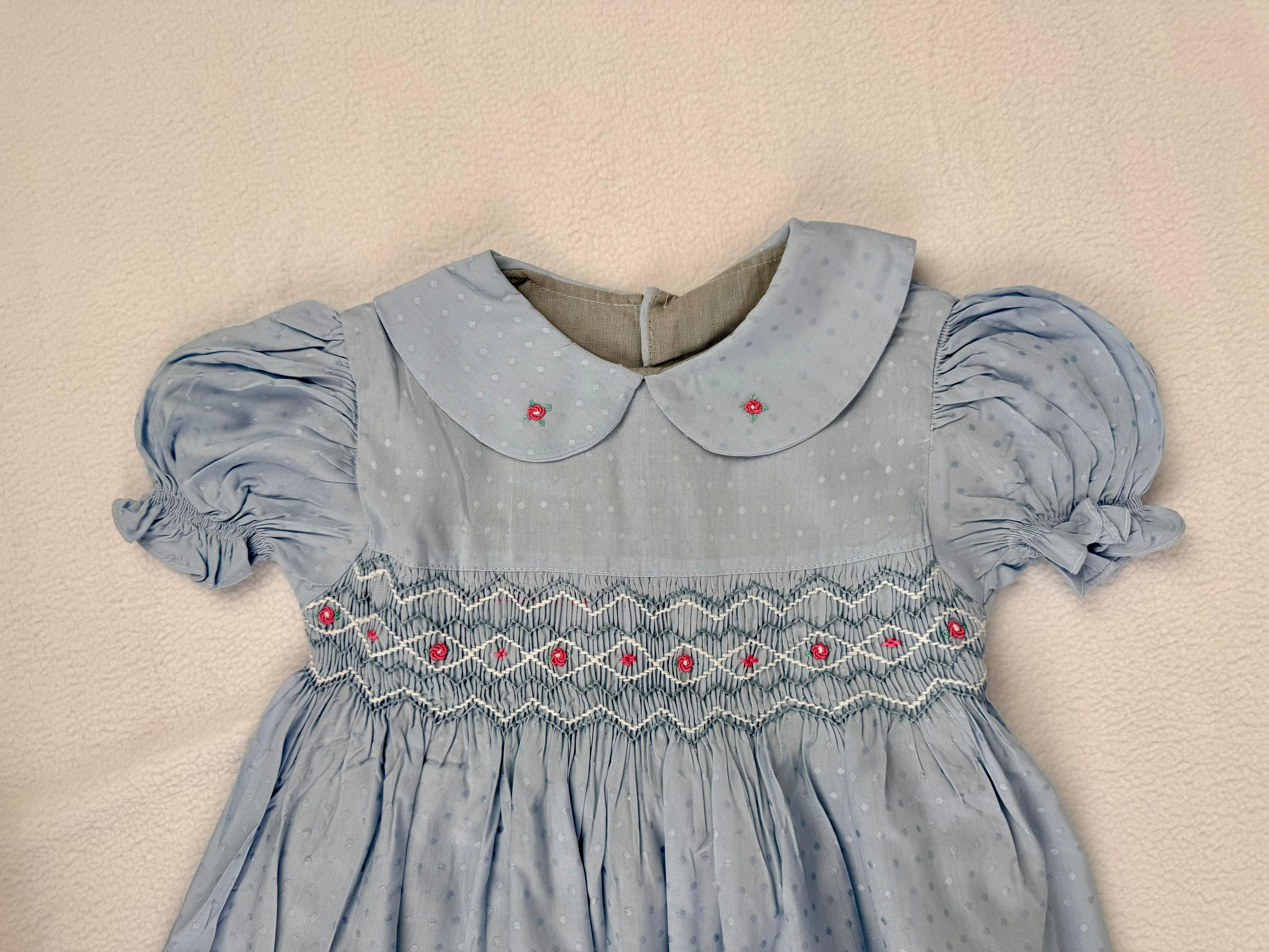 Close up of blue smocked dress. Suitable for birthdays, family gatherings, special occasions, or everyday.