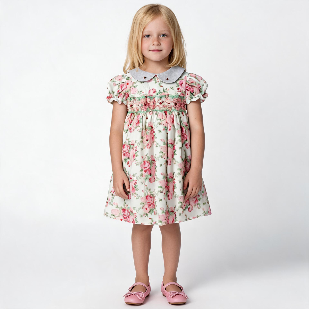 Front view of floral rose smocked dress. Suitable for birthdays, family gatherings, special occasions, or everyday.