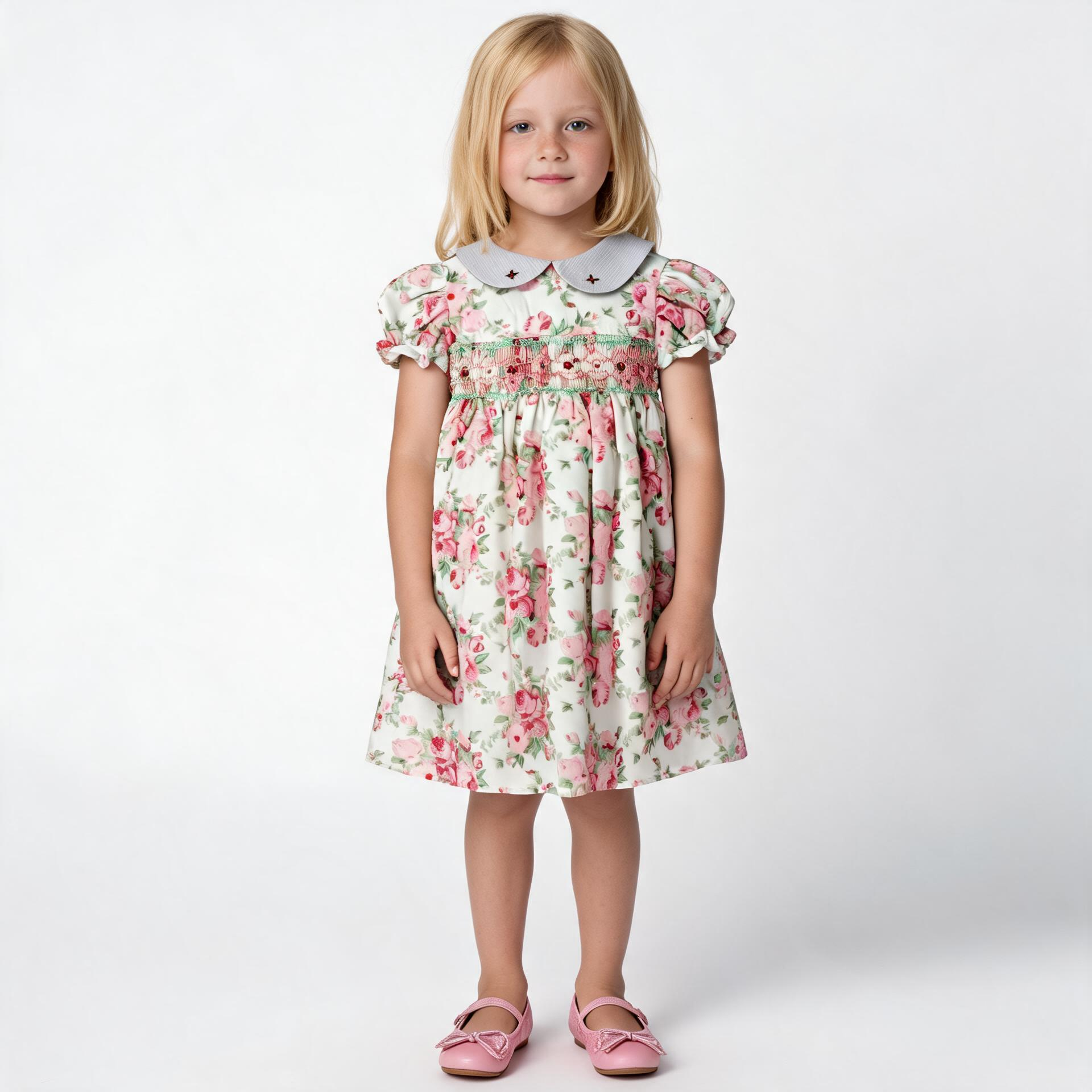 Front view of floral rose smocked dress. Suitable for birthdays, family gatherings, special occasions, or everyday.