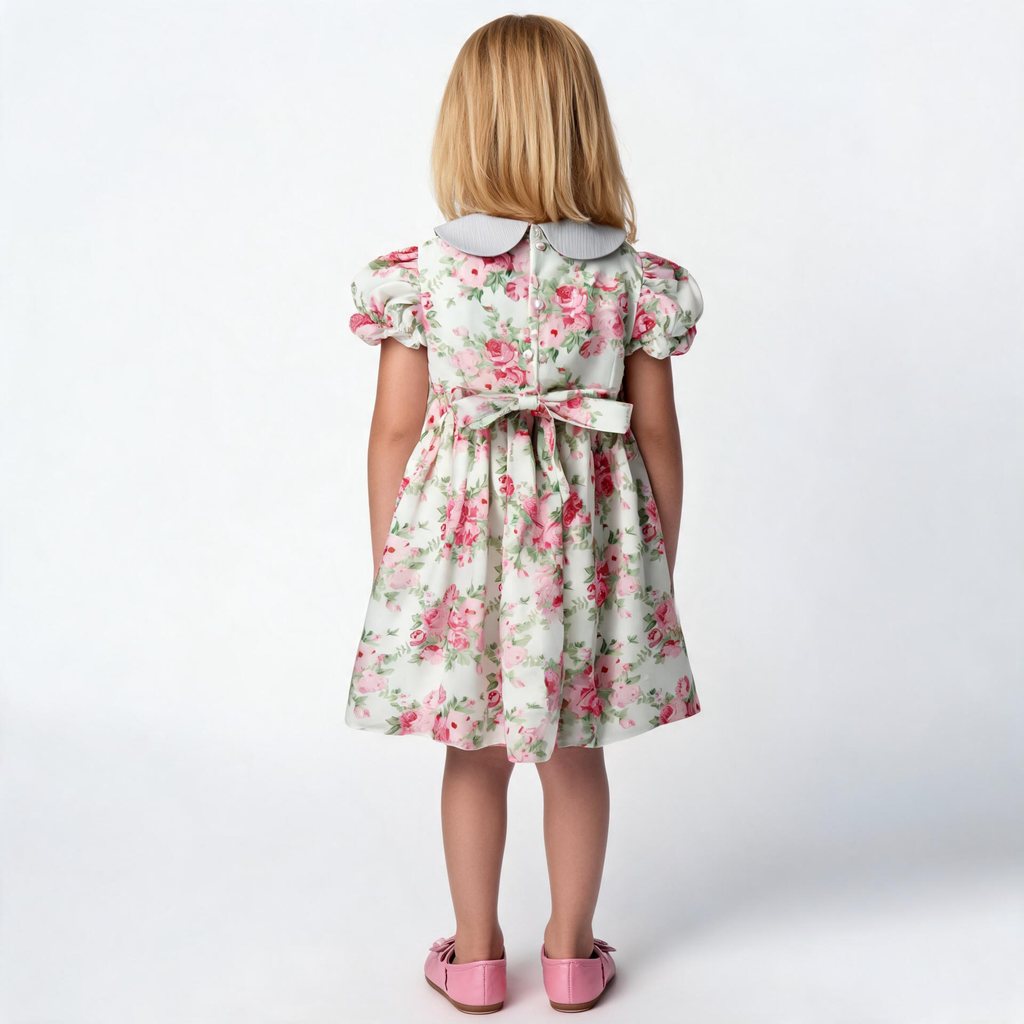 Back view of floral rose smocked dress. Suitable for birthdays, family gatherings, special occasions, or everyday.