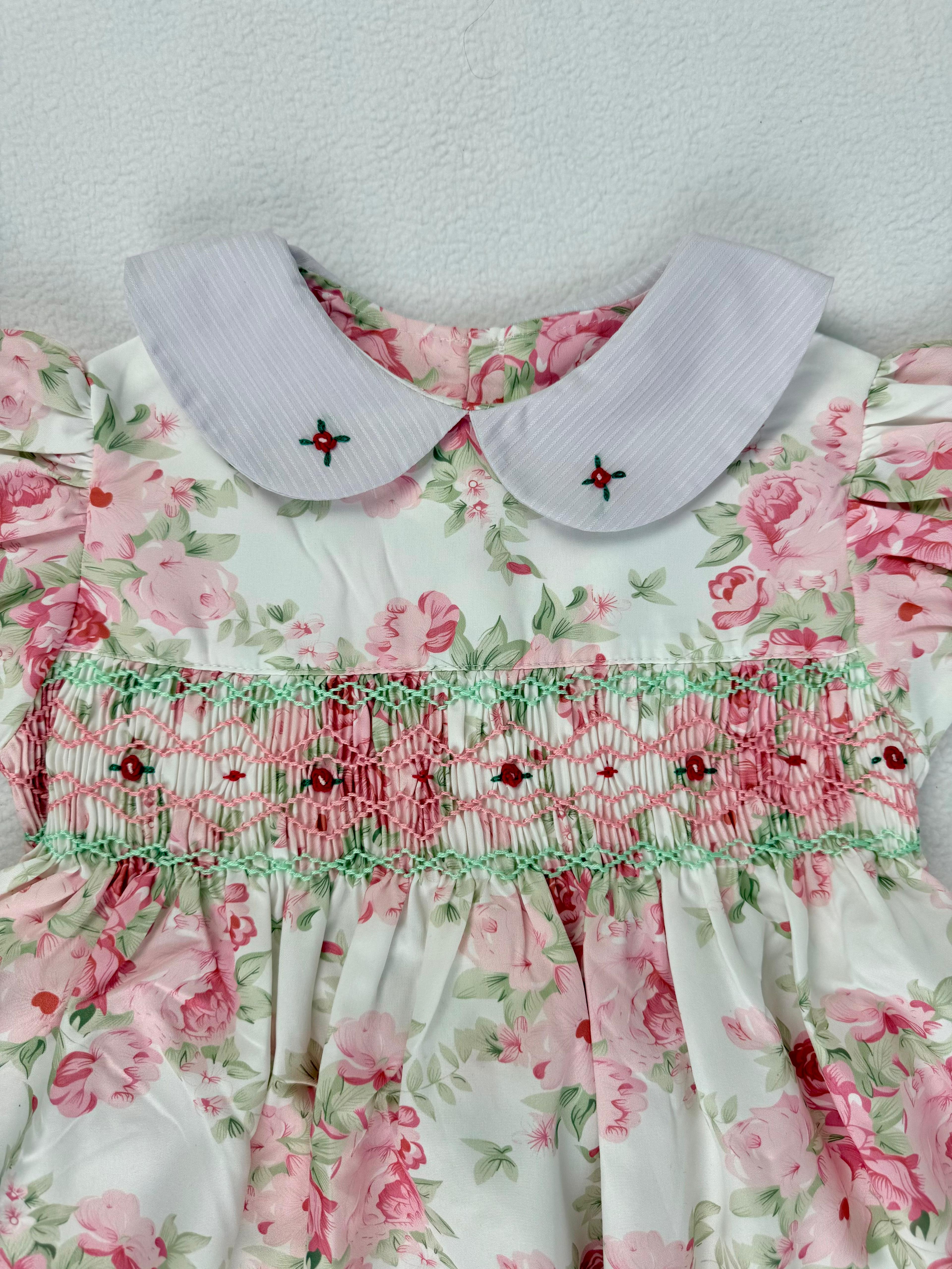 Close up of floral rose smocked dress. Suitable for birthdays, family gatherings, special occasions, or everyday.