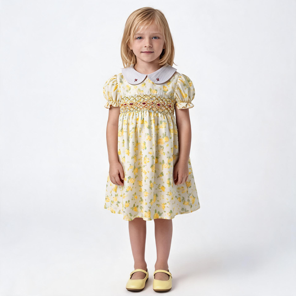 Front view of yellow floral smocked dress. Suitable for birthdays, family gatherings, special occasions, or everyday.