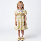 Front view of yellow floral smocked dress. Suitable for birthdays, family gatherings, special occasions, or everyday.
