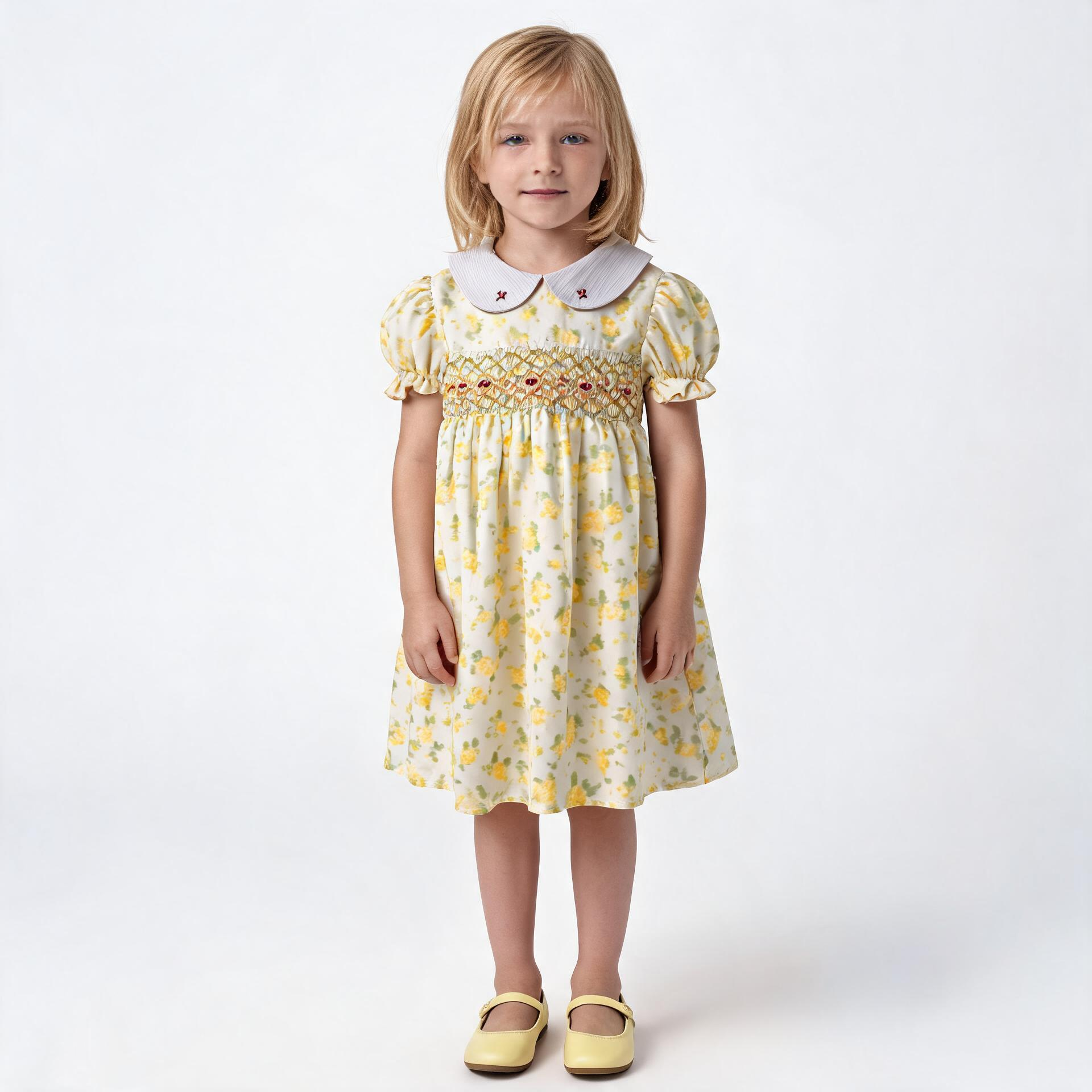 Front view of yellow floral smocked dress. Suitable for birthdays, family gatherings, special occasions, or everyday.