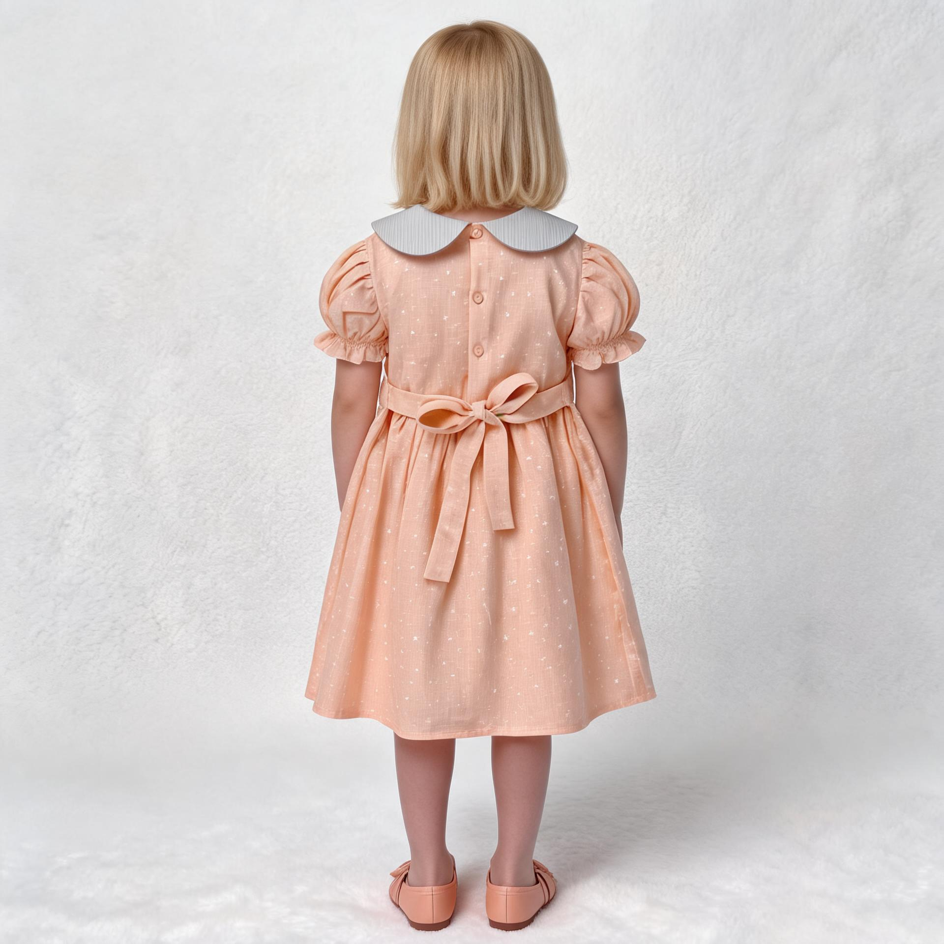 Back view of peach smocked dress. Suitable for birthdays, family gatherings, special occasions, or everyday.