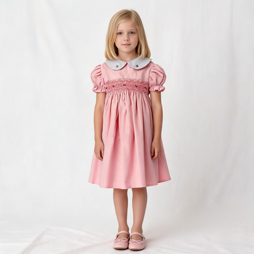 Front view of pink smocked dress. Suitable for birthdays, family gatherings, special occasions, or everyday.