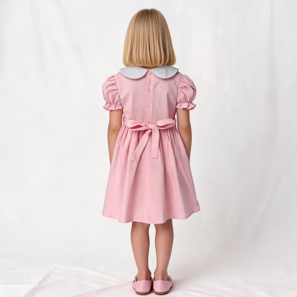 Back view of pink smocked dress. Suitable for birthdays, family gatherings, special occasions, or everyday.
